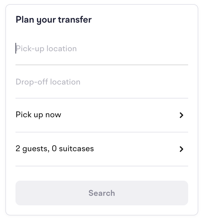 Plan your transfer form with pick-up location, drop-off location, pick-up time, guests and suitcases, and a Search button