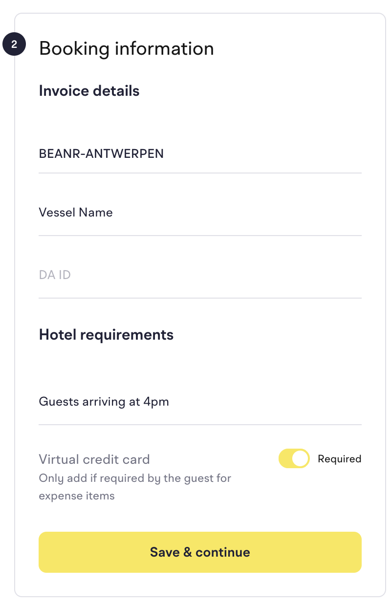 Booking information step with invoice details (BEANR-ANTWERPEN, vessel name, DA ID), hotel requirements, the Virtual credit card toggle set to Required, and a Save & continue button